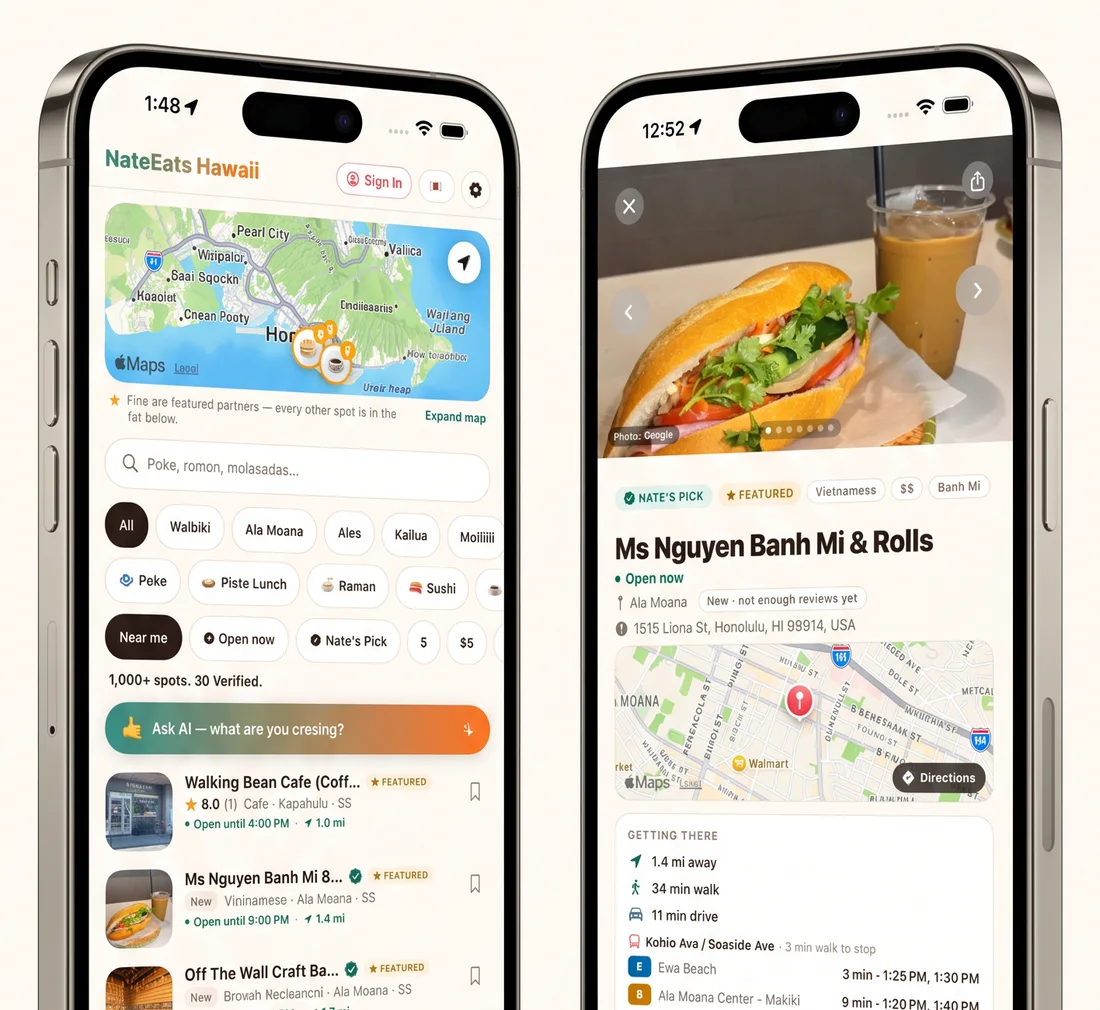 NateEats app screens showing the map and a restaurant